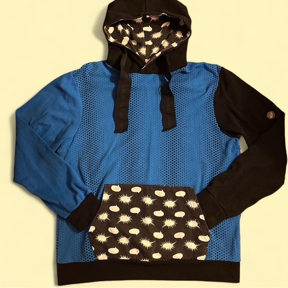 Asics Blue and Black Men's Hoodie with Patterned Pocket and Hood Design